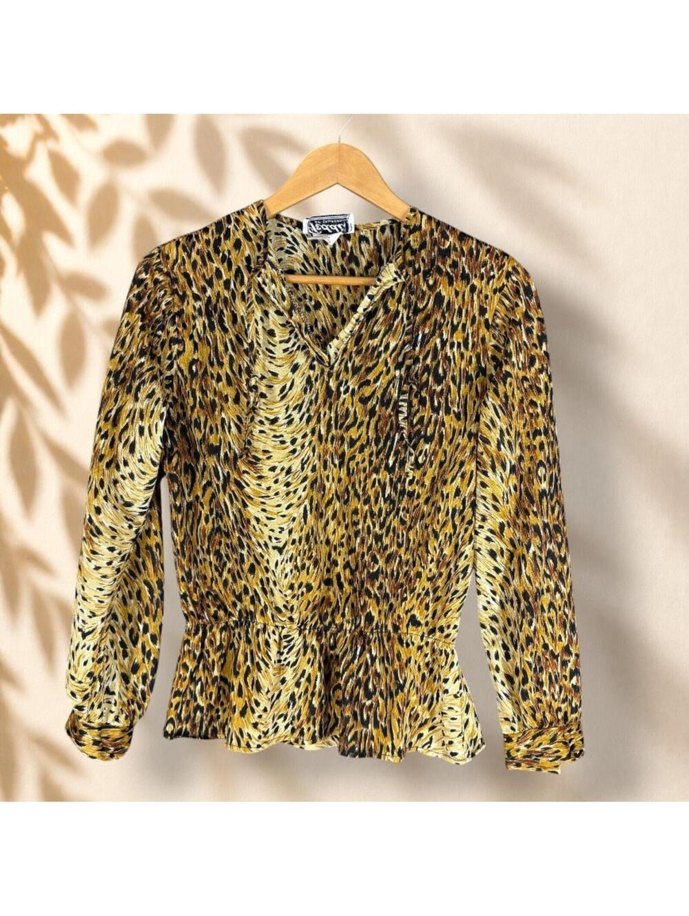 Teddi Blouse Women M Medium Brown Animal Print V-Neck Tasseled Long Sleeve